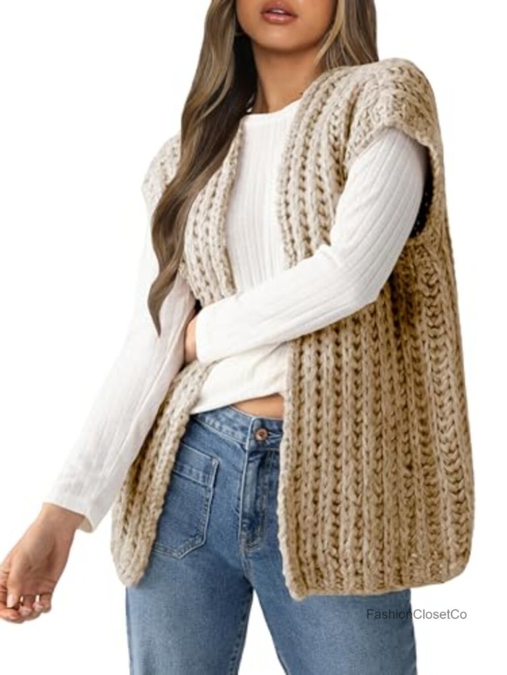 Chunky Knit Sweater Vest Women Open Front Cap Sleeve V-Neck Layering Casual